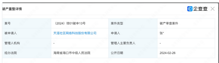 天涯社區(qū)被申請破產(chǎn)